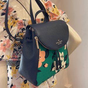 Kate Spade Leila Medium Flap Backpack Lily Blooms Green Multi Color